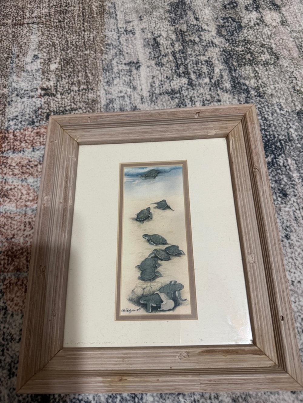 Framed Sea Turtle Artwork in Neutral Wood Frame